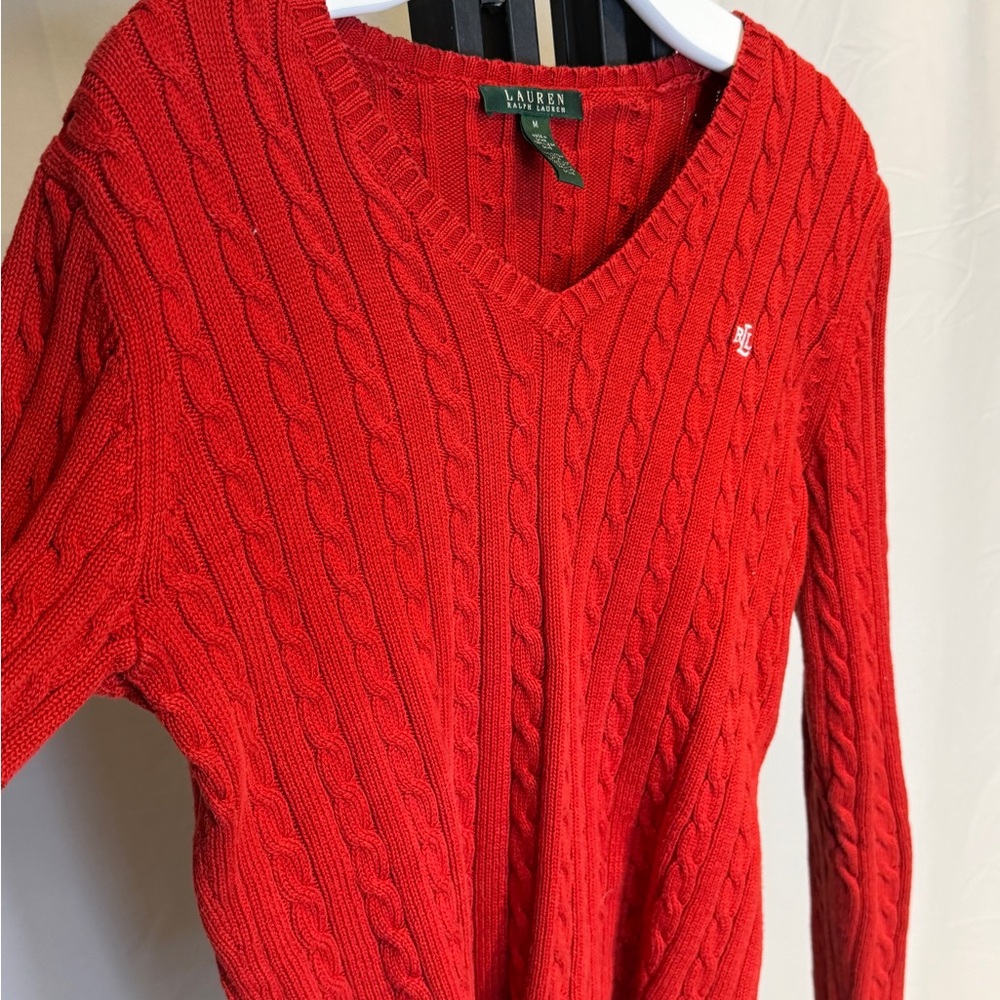 Ralph Lauren Vivid Red Cable Knit V-Neck Sweater - Picture 2 of 4
